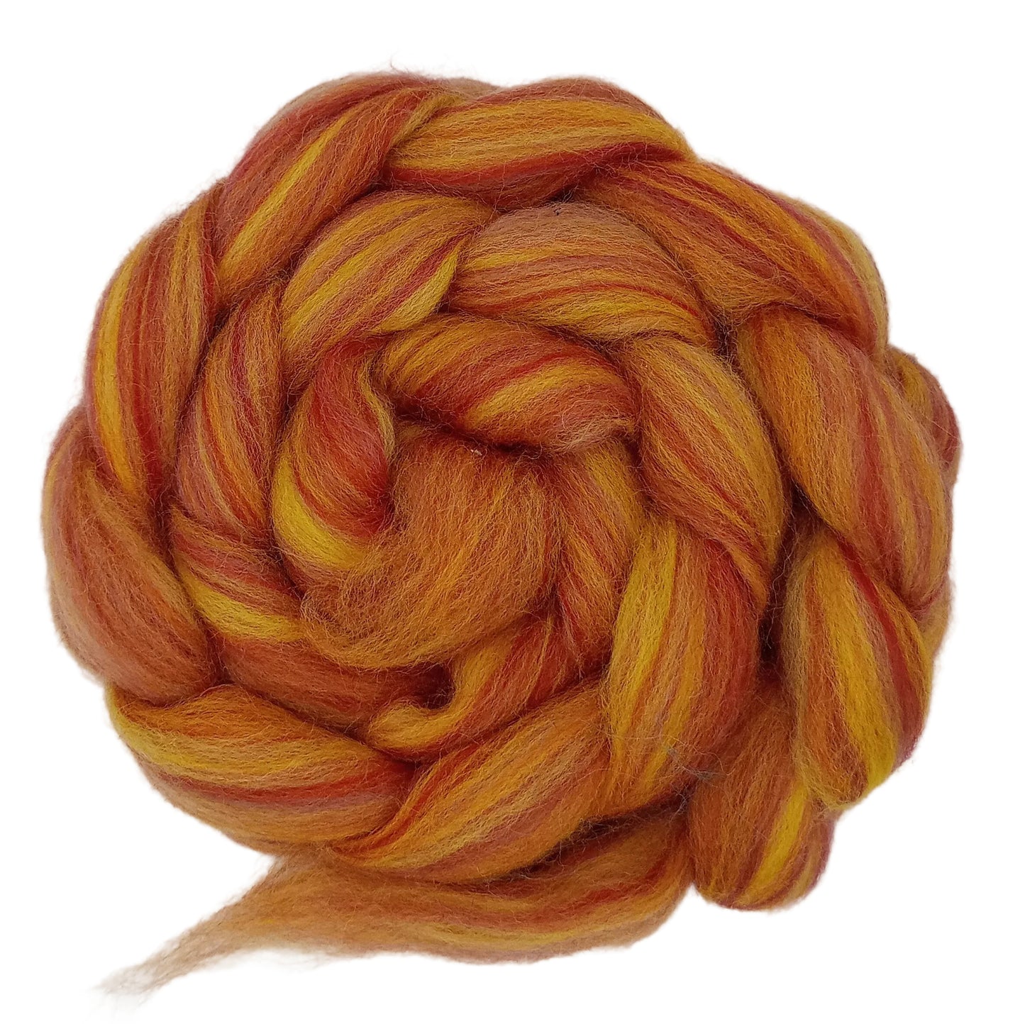 A coiled bundle of fluffy wool fiber in a variegated blend of orange, yellow, and red tones, photographed on a plain white background with a small product tag partially visible at the right edge.