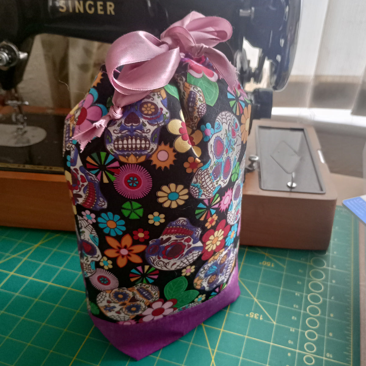Sugar Skulls Drawstring Project Bag – Handmade Knitting & Crochet Project Bag Tall
