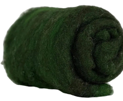 A rolled dark green felted wool textile, likely a scarf, wrap, or coaster, displayed on a white and gray marble surface.