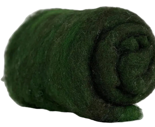 A rolled dark green felted wool textile, likely a scarf, wrap, or coaster, displayed on a white and gray marble surface.