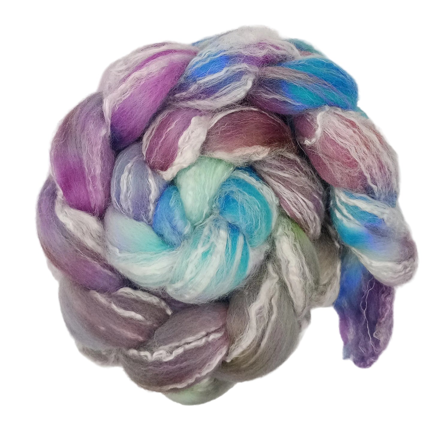 A coiled bundle of soft, twisted fiber roving in a variegated pastel colorway of purple, blue, mint green, white, and gray, photographed on a plain white background.