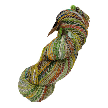 A single skein of variegated yarn with mixed pastel and earthy colors including green, yellow, orange, red, and white, photographed on a plain white background.