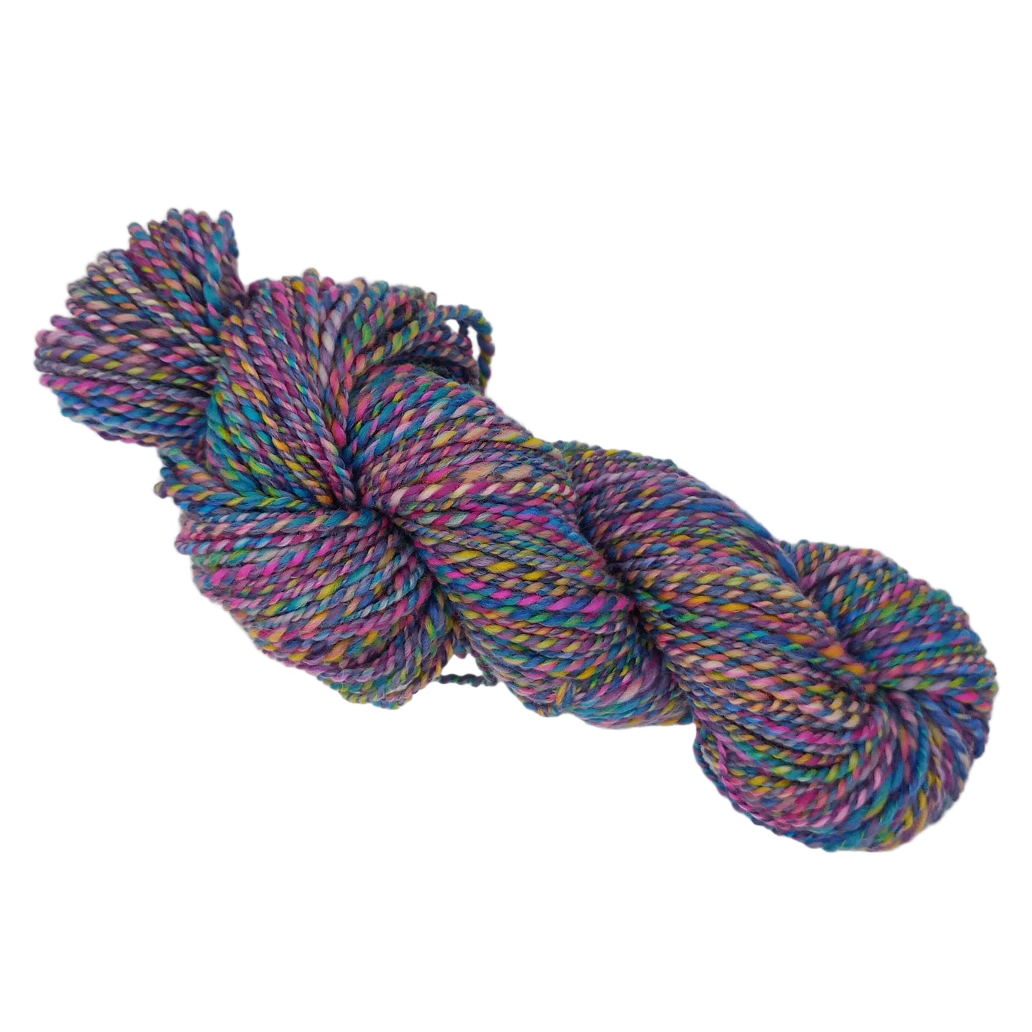 A twisted skein of variegated yarn with mixed pastel and bright colors including purple, blue, pink, green, and yellow, photographed on a plain light gray background.