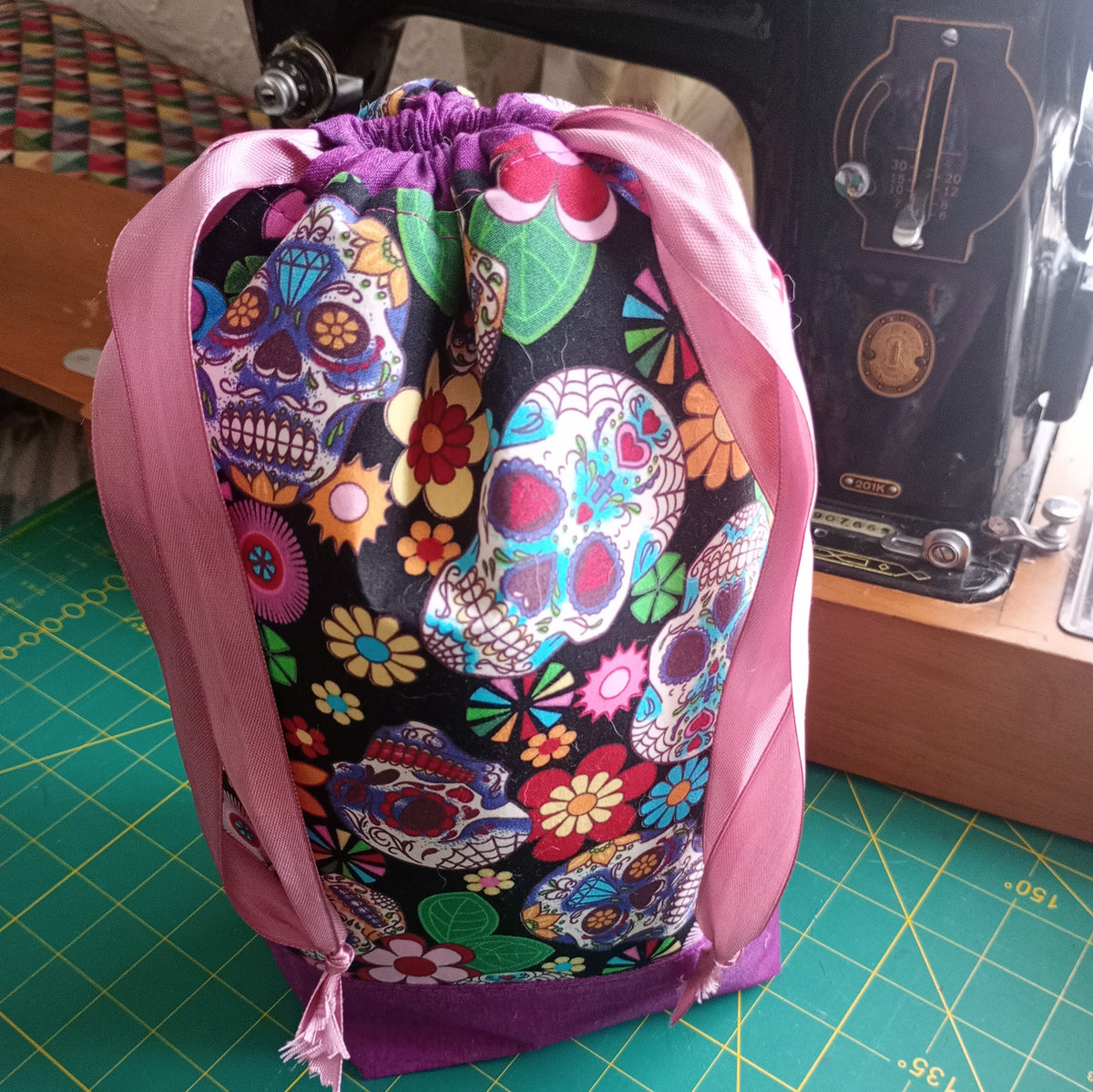 Sugar Skulls Drawstring Project Bag – Handmade Knitting & Crochet Project Bag Tall