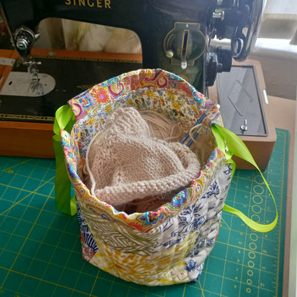 Quilted Sunshine Drawstring Project Bag – Handmade Knitting & Crochet