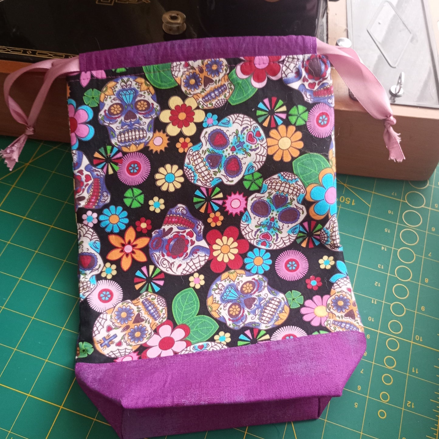 Sugar Skulls Drawstring Project Bag – Handmade Knitting & Crochet Project Bag Tall