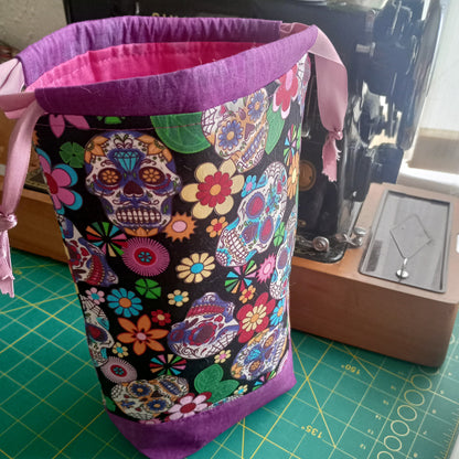 Sugar Skulls Drawstring Project Bag – Handmade Knitting & Crochet Project Bag Tall