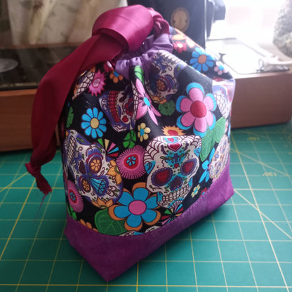 Sugar Skulls Drawstring Project Bag – Handmade Knitting & Crochet Project Bag