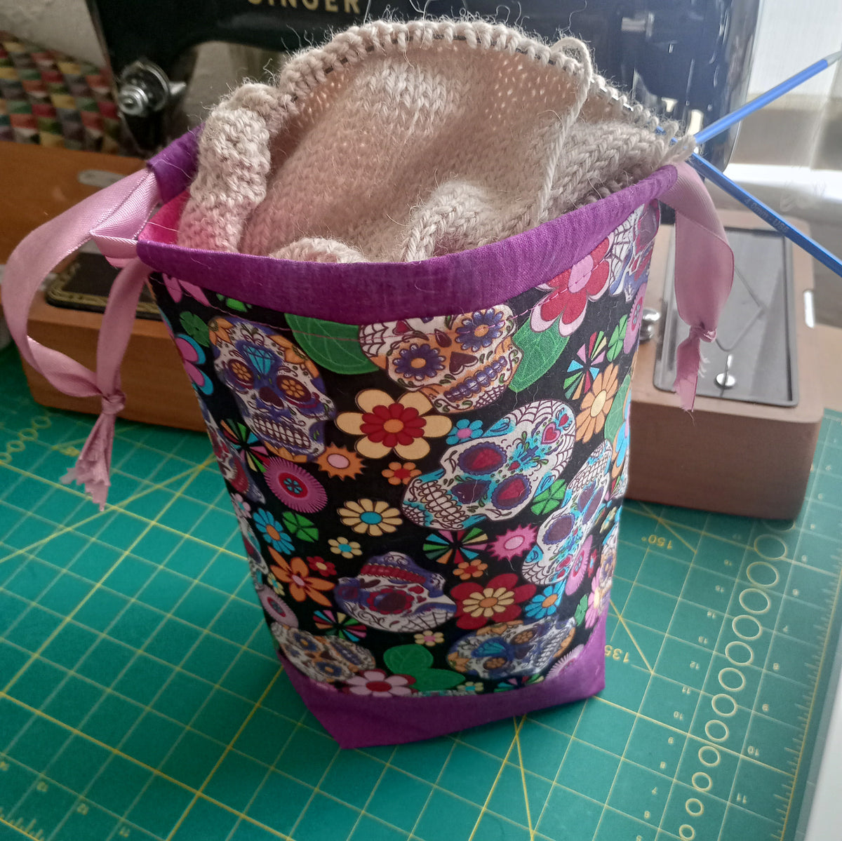 Sugar Skulls Drawstring Project Bag – Handmade Knitting & Crochet Project Bag Tall
