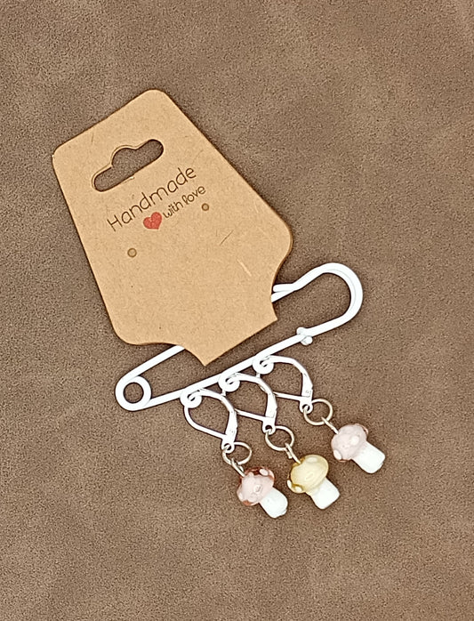 Lampwork glass mushrooms stitch markers set of three