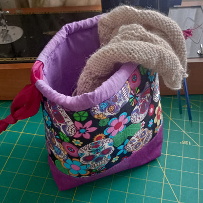 Sugar Skulls Drawstring Project Bag – Handmade Knitting & Crochet Project Bag
