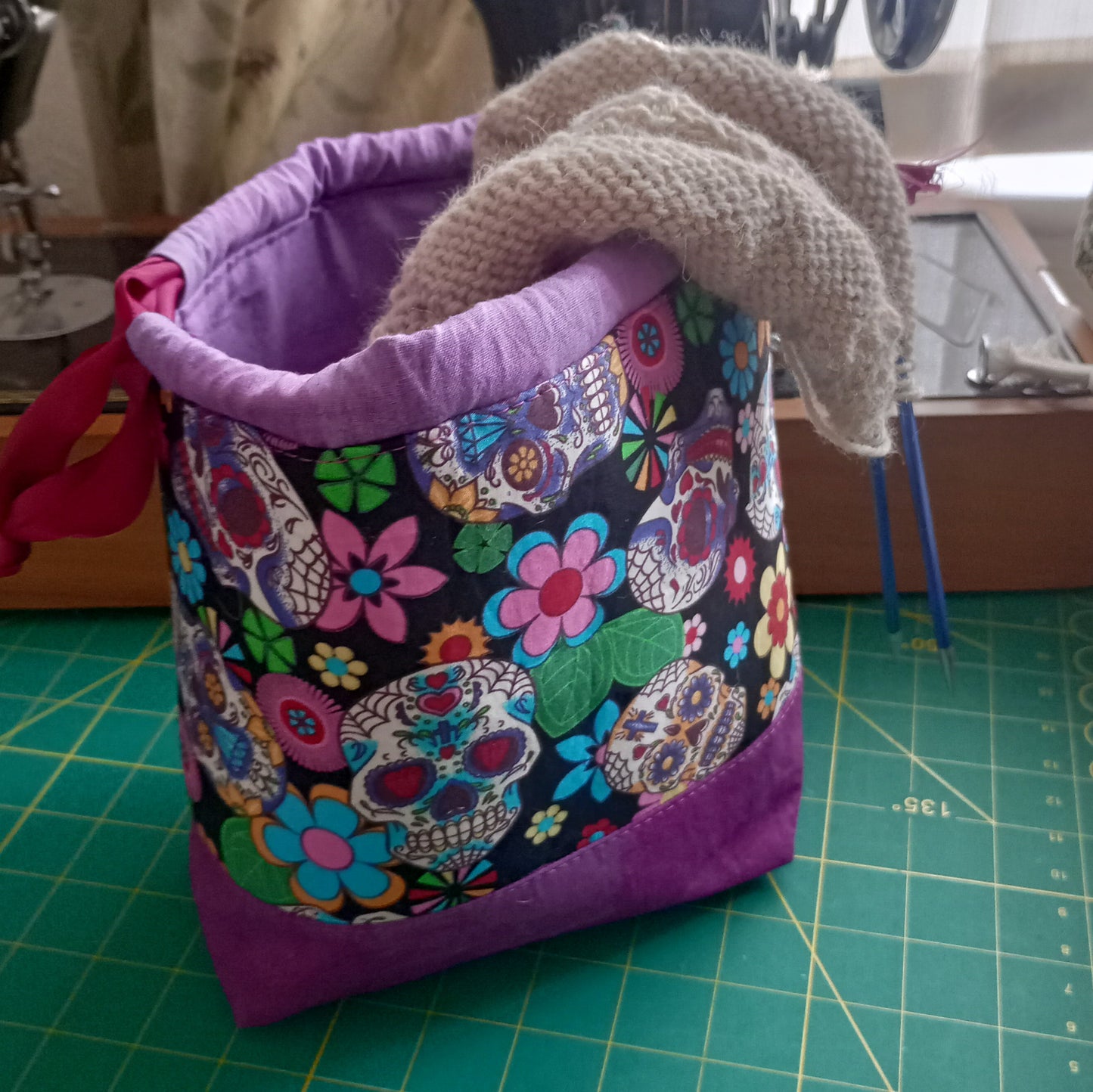 Sugar Skulls Drawstring Project Bag – Handmade Knitting & Crochet Project Bag