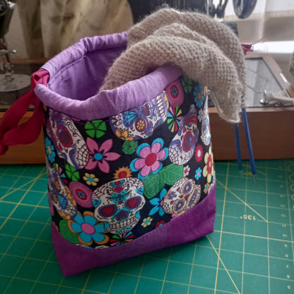 Sugar Skulls Drawstring Project Bag – Handmade Knitting & Crochet Project Bag