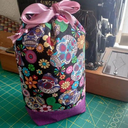 Sugar Skulls Drawstring Project Bag – Handmade Knitting & Crochet Project Bag Tall
