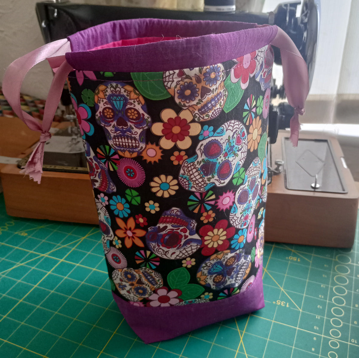 Sugar Skulls Drawstring Project Bag – Handmade Knitting & Crochet Project Bag Tall