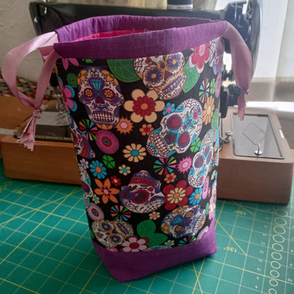 Sugar Skulls Drawstring Project Bag – Handmade Knitting & Crochet Project Bag Tall