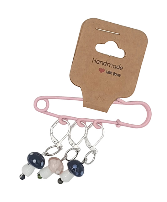 Mushroom stitch markers set of three Lampwork