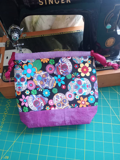 Sugar Skulls Drawstring Project Bag – Handmade Knitting & Crochet Project Bag