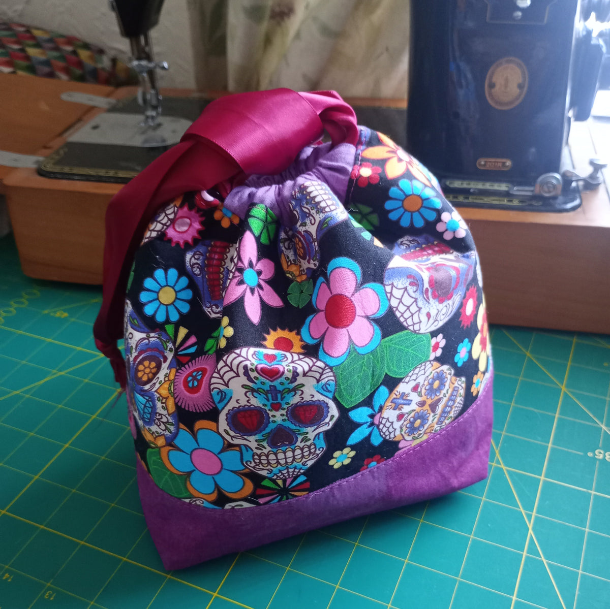 Sugar Skulls Drawstring Project Bag – Handmade Knitting & Crochet Project Bag